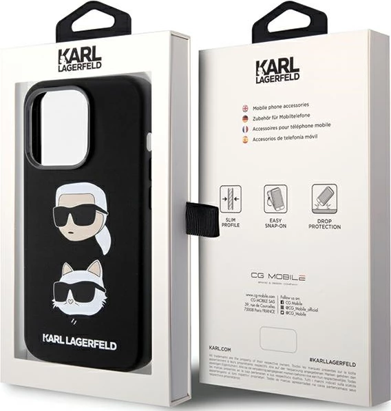 Mbështjellës Karl Lagerfeld Silicone Karl&Choupette Head për iPhone 15 Pro, i zi