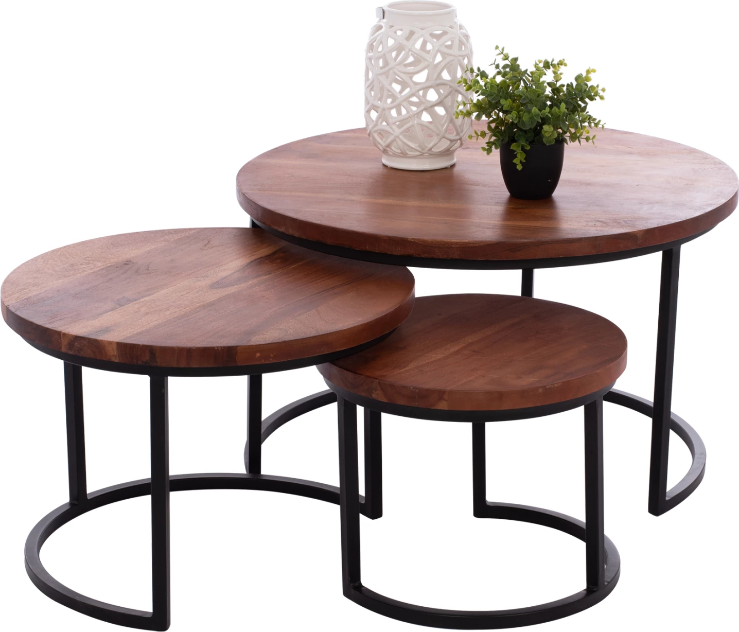 Set 3 tavolina zigon, dru akacie, këmbë metalike të zeza, 78x78x47cm