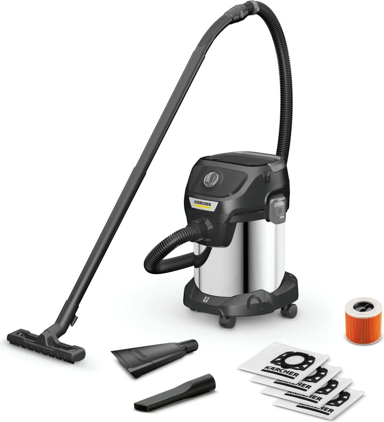 Fshesë me korent lagë e thatë, Karcher KWD 3 S V-17/4/20 AE (1.628-449.0), depozitë inox 15L, 1000W, funksion fryrje, set me 5 qese, e zezë