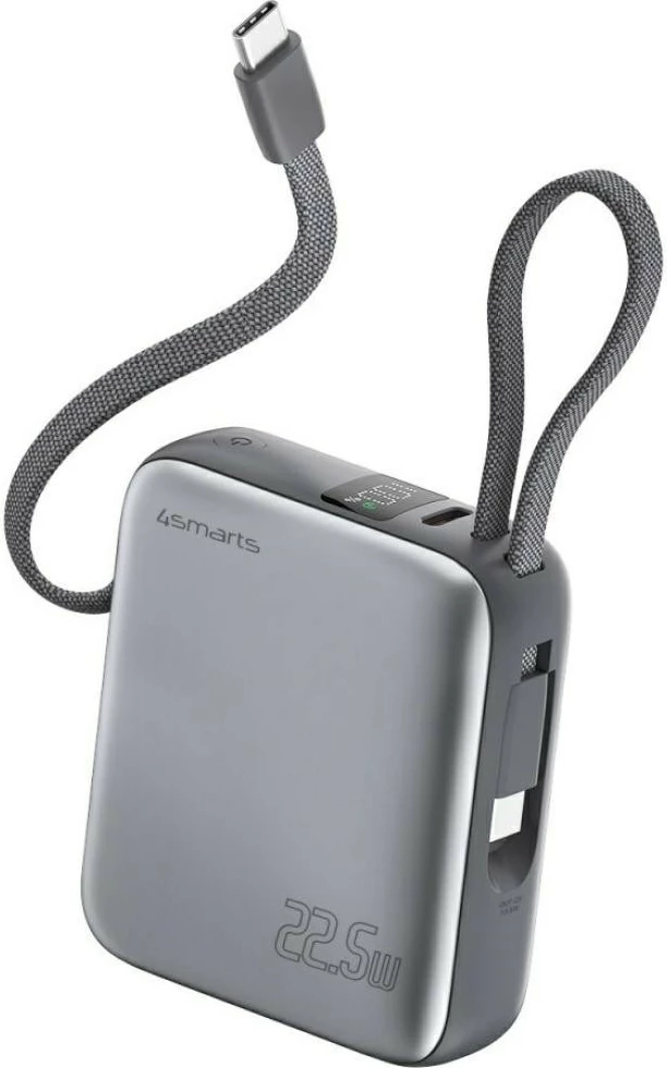 Powerbank 4smarts Pocket Dual Cord 4SM000030 10000mAh 22.5W me kabllo USB-C të integrume 15cm, gri