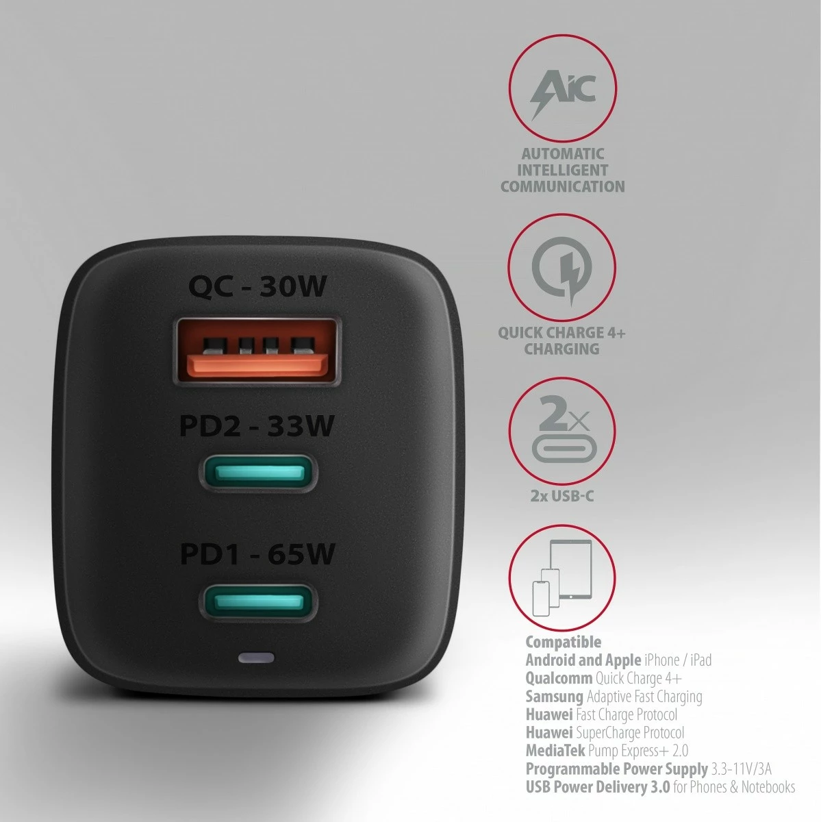 Adapter karikues AXAGON ACU-DPQ65, GaN 65W, 3 porta (USB-A + 2x USB-C), i zi