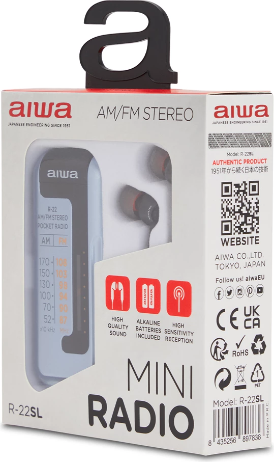Radio portative AM/FM Aiwa R-22, HyperBASS, 3.5mm, me Kufje dhe bateri, blu e çelët