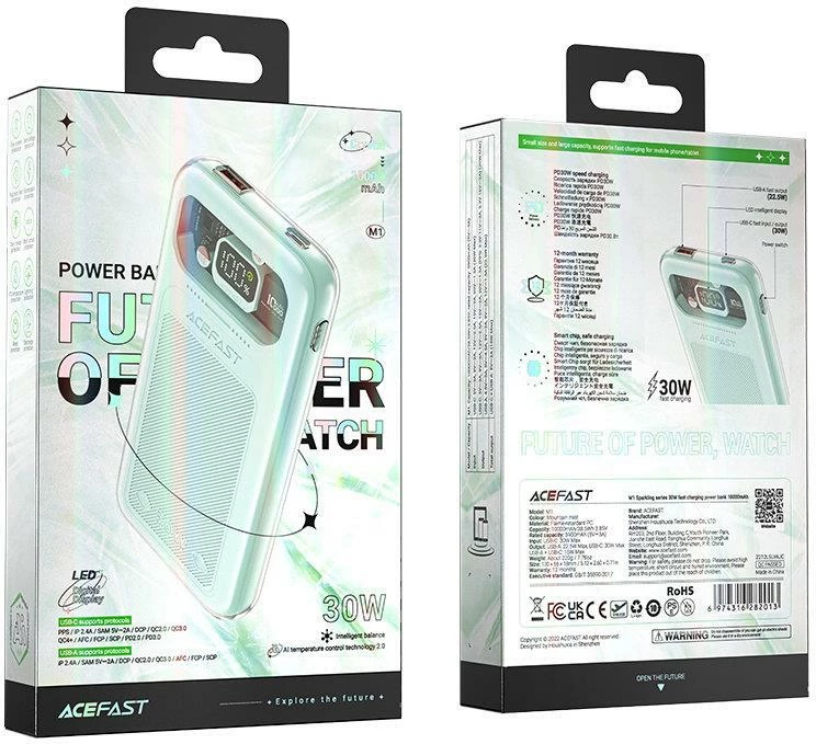 Powerbank Acefast M1 Sparkling Series 10000mAh, 30W, i gjelbër