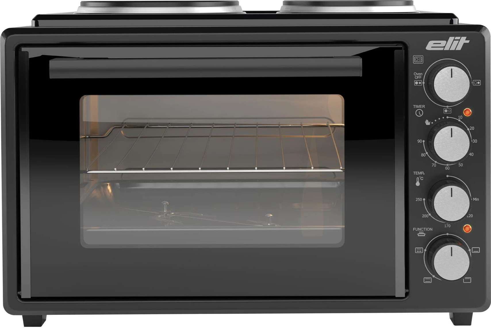 Mini furrë me dy pllaka gatimi, Elit OPTIDUO 35B, 35L, 1400W, shufër rrotulluese, termostat, timer mekanik, e zezë