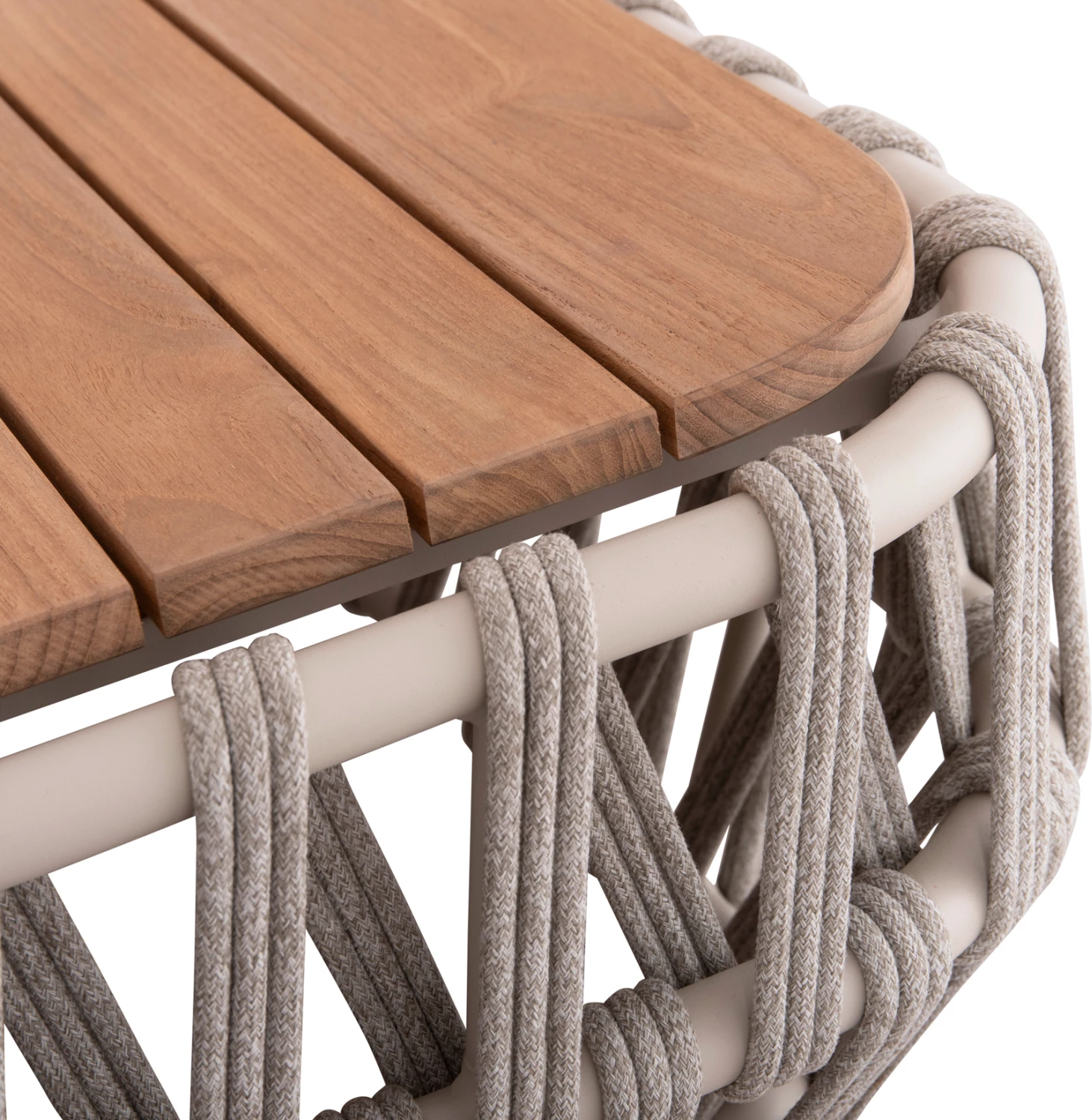 Set salloni për jashtë 4 pjesë SABO FH6208.02 ngjyrë krem e bardhë, alumin-bezhë, litar P.E. & pëlhurë OLEFIN-dru TEAK natyral