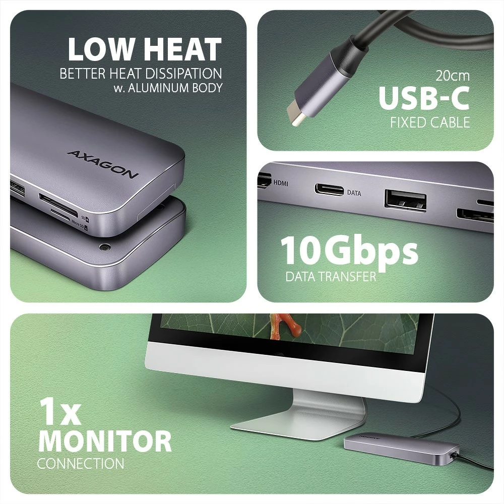 Multiport hub AXAGON HMC-6GM2, 6-në-1, USB-C 10Gbps, HDMI 4K/60Hz, M.2 NVMe/SATA, SD/microSD, PD 100W, Gri