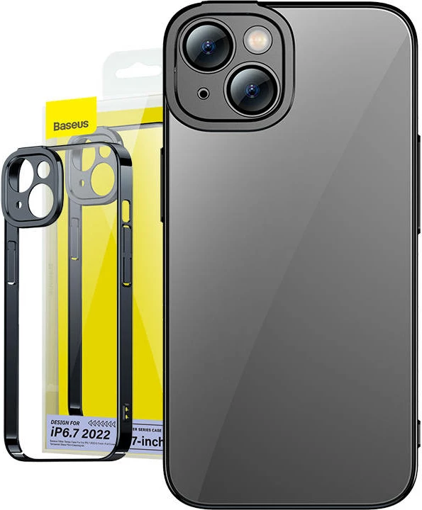 Mbështjellës Baseus Glitter me xham të temperuar për iPhone 14 Plus, i zi, set