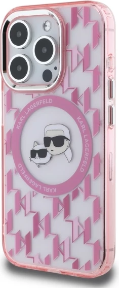 Mbështjellës Karl Lagerfeld IML Monogram Karl & Choupette Head MagSafe për iPhone 15 Pro Max, Rozë