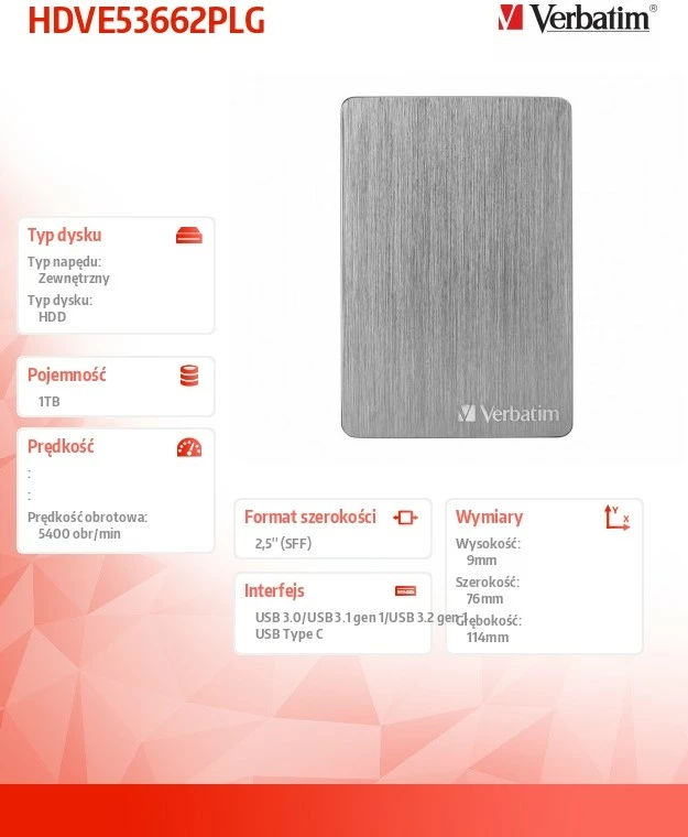 disk i jashtëm HDD Verbatim Store 'n' Go ALU Slim HDVE53662PLG/53662 1TB USB-C, aluminium (space grey)