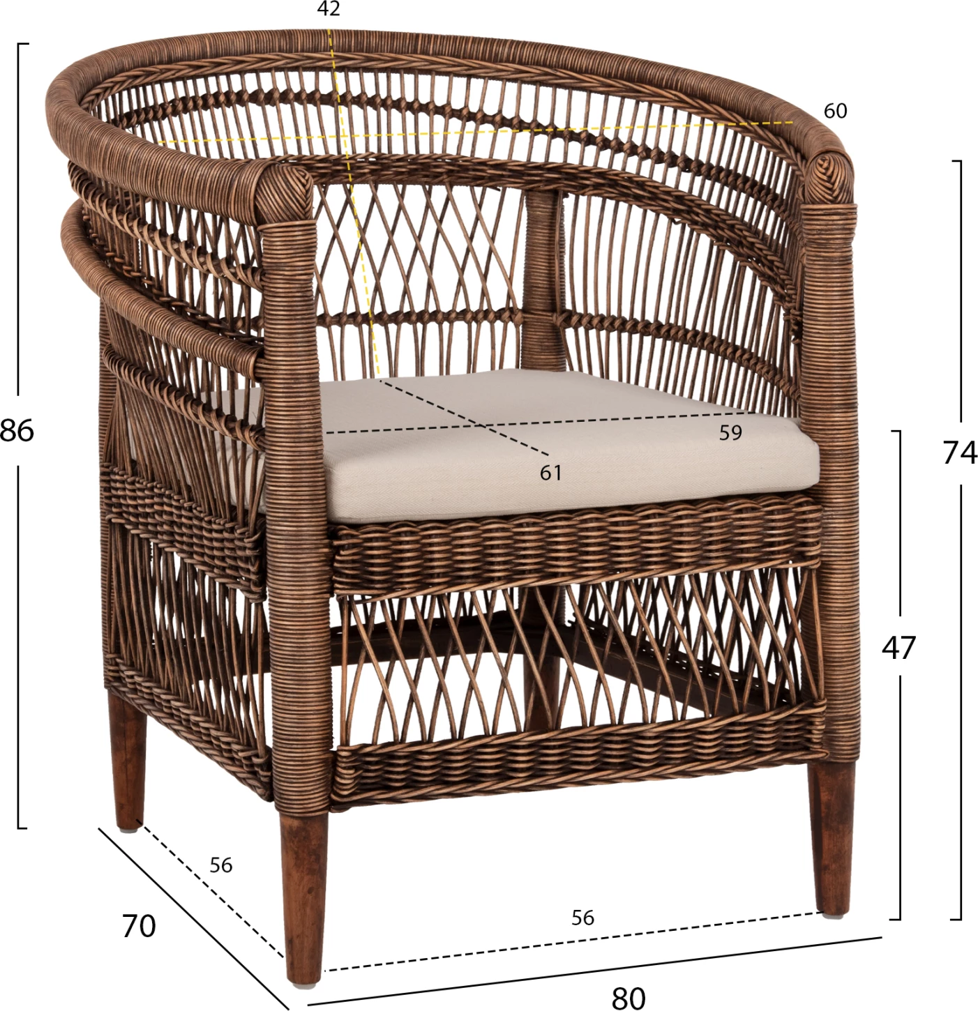 Karrige MALAWI FH9635.01 dru mahogany me rattan, jastëk kafe-bardhë, 80x70x86H cm