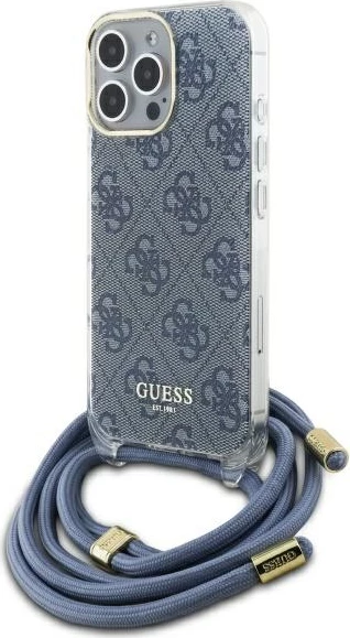 Mbështjellës Guess Crossbody Cord 4G Print për iPhone 16 Pro, Kaltër