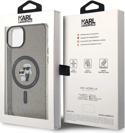 Mbështjellës Karl Lagerfeld Karl&Choupette Glitter MagSafe për iPhone 15 Plus, i zi