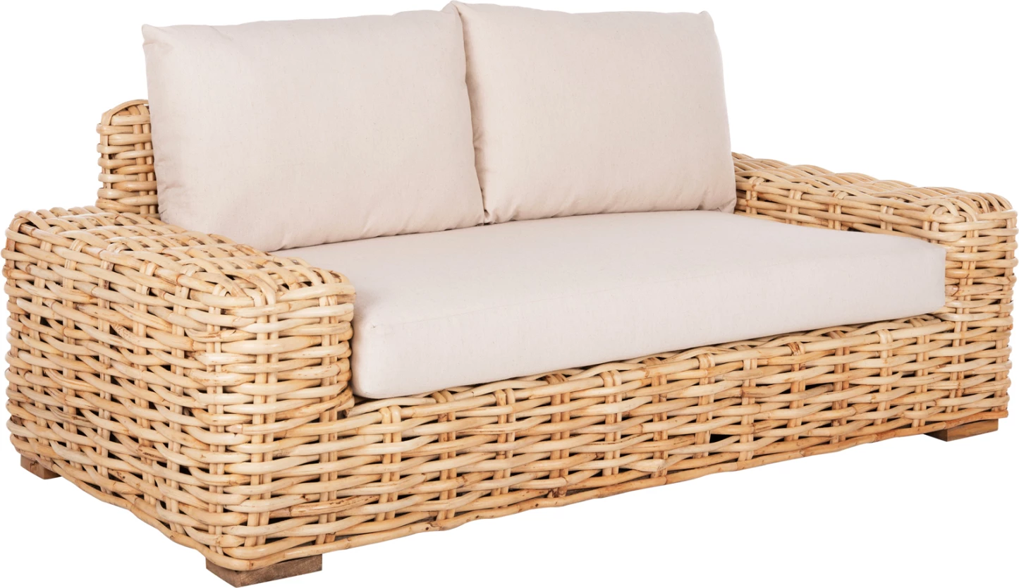 Divan i jashtëm 2-vendësh TROPEL FH9809 dru mango-rattan ngjyrë natyrale-jastëkë të bardhë 192x88x70-85Hcm