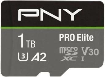 Kartë memorie microSDXC, PNY Pro Elite, P-SDU1TBV32100PRO-GE, 1TB, UHS-I A2 U3 V30, lexim 100MB/s shkrim 90MB/s, me adapter SD