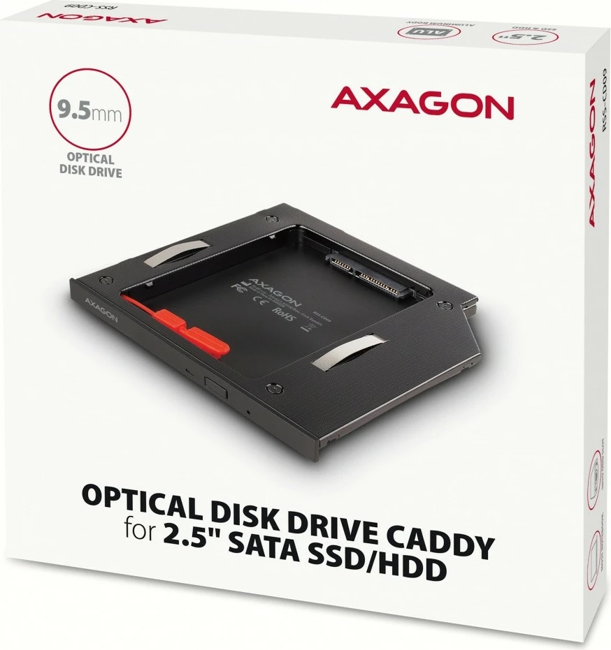 Kasë AXAGON RSS-CD09 për SSD/HDD 2.5", për slot DVD 9.5mm, Alumini, E zezë