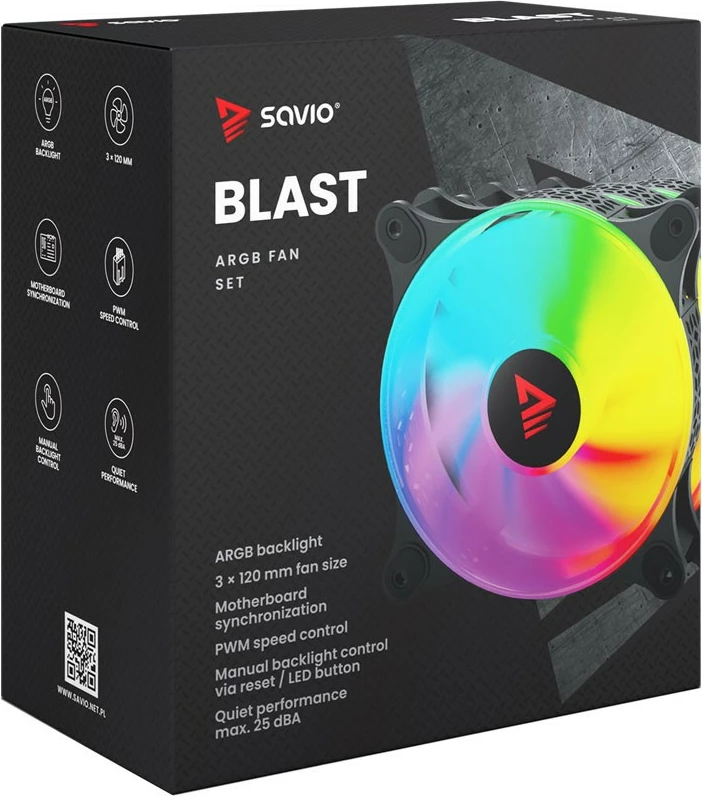 Ventilator kompjuteri Savio BLAST 120mm ARGB, 3-pin 5V, 4-pin 12V, i zi
