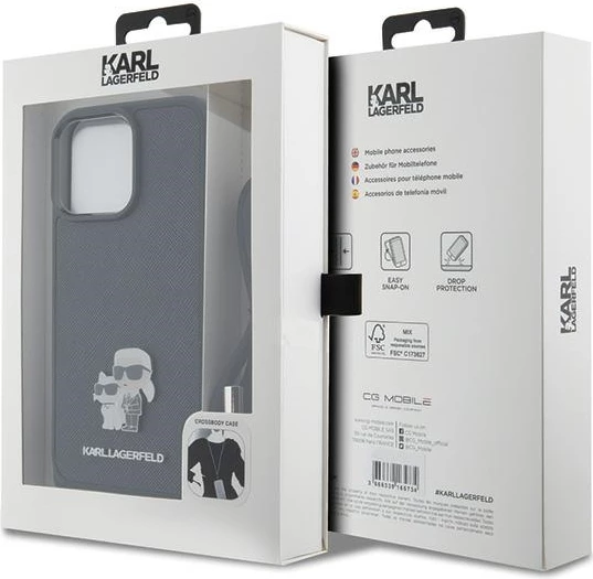 Mbështjellës Karl Lagerfeld Crossbody Saffiano Metal Pin Karl & Choupette për iPhone 15 Pro Max, i zi