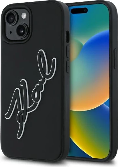 Mbështjellës Karl Lagerfeld 3D Rubber Signature për iPhone 15, i zi