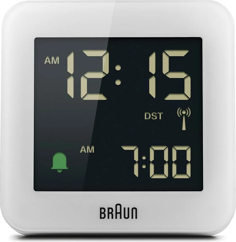 Orë alarmi digjitale Braun BC09-DCF, LCD, 12/24h, e bardhë