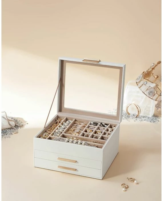 Kuti bizhuterish SONGMICS JBC239WT me 3 shtresa, 19 ndarje, kapak xhami, e bardhë