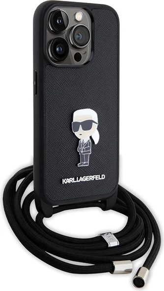 Mbështjellës Karl Lagerfeld Crossbody Saffiano Monogram Metal Pin Karl & Choupette për iPhone 15 Pro, e zezë