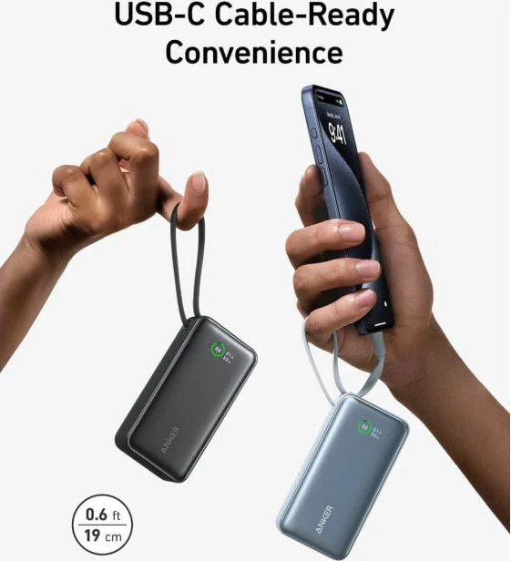 Power bank Anker 545 Nano 10000mAh 30W me kabllo USB-C të integrume, i zi