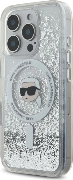 Mbështjellës Karl Lagerfeld Liquid Glitter Karl Head MagSafe për iPhone 16 Pro, Transparent