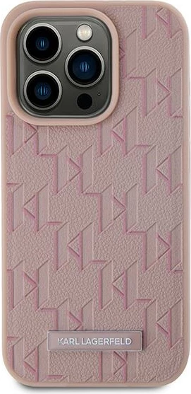 Mbështjellës Karl Lagerfeld Leather Monogram Metal Logo për iPhone 15 Pro Max, Rozë