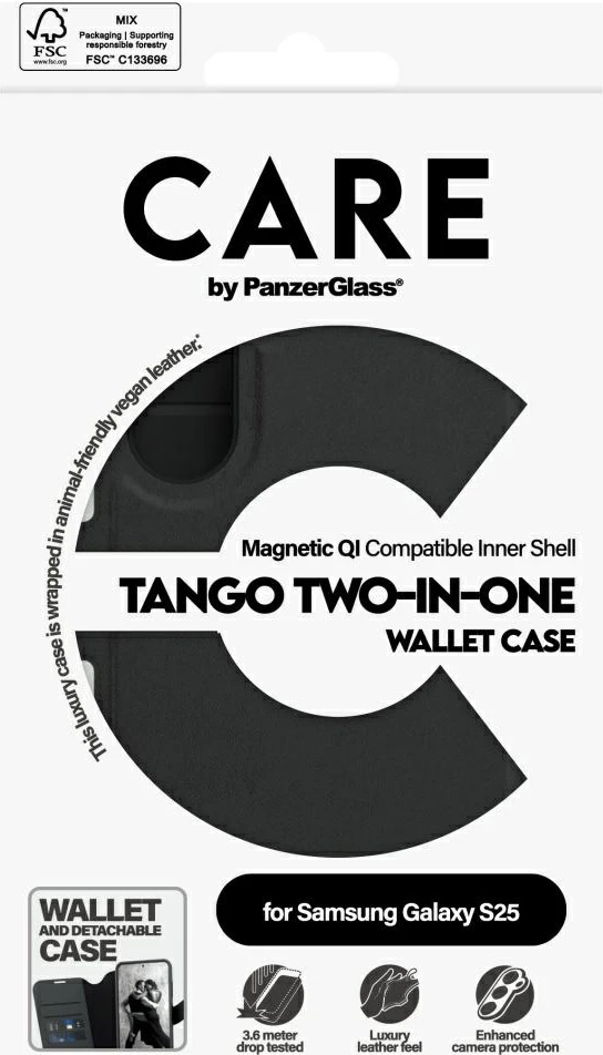 Mbështjellës PanzerGlass CARE Tango 2in1 Wallet Case për Samsung Galaxy S25, Zi