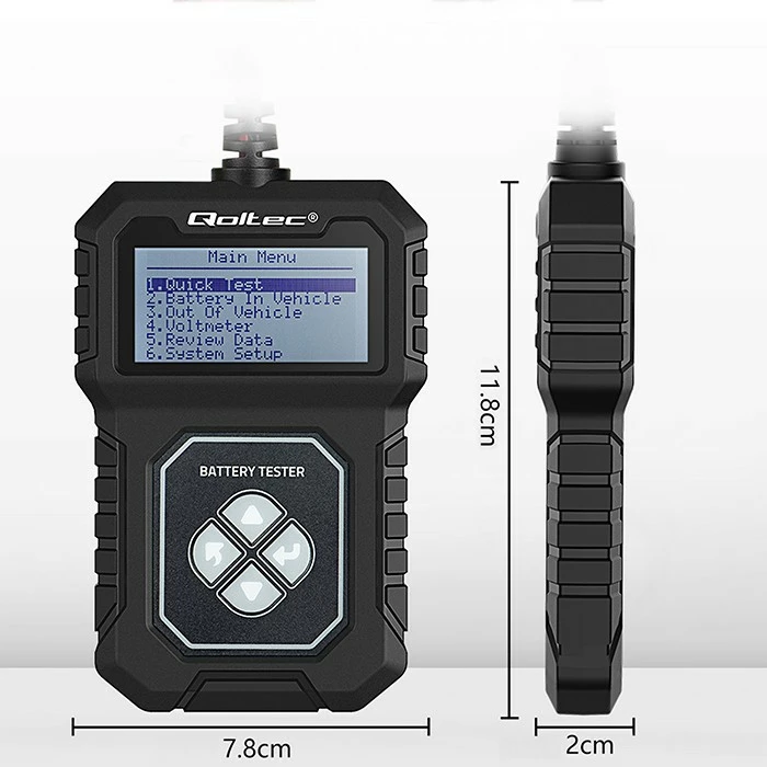 Tester baterie Qoltec 50686, dixhital, LCD, për makina, 12V, 30-220Ah, i zi