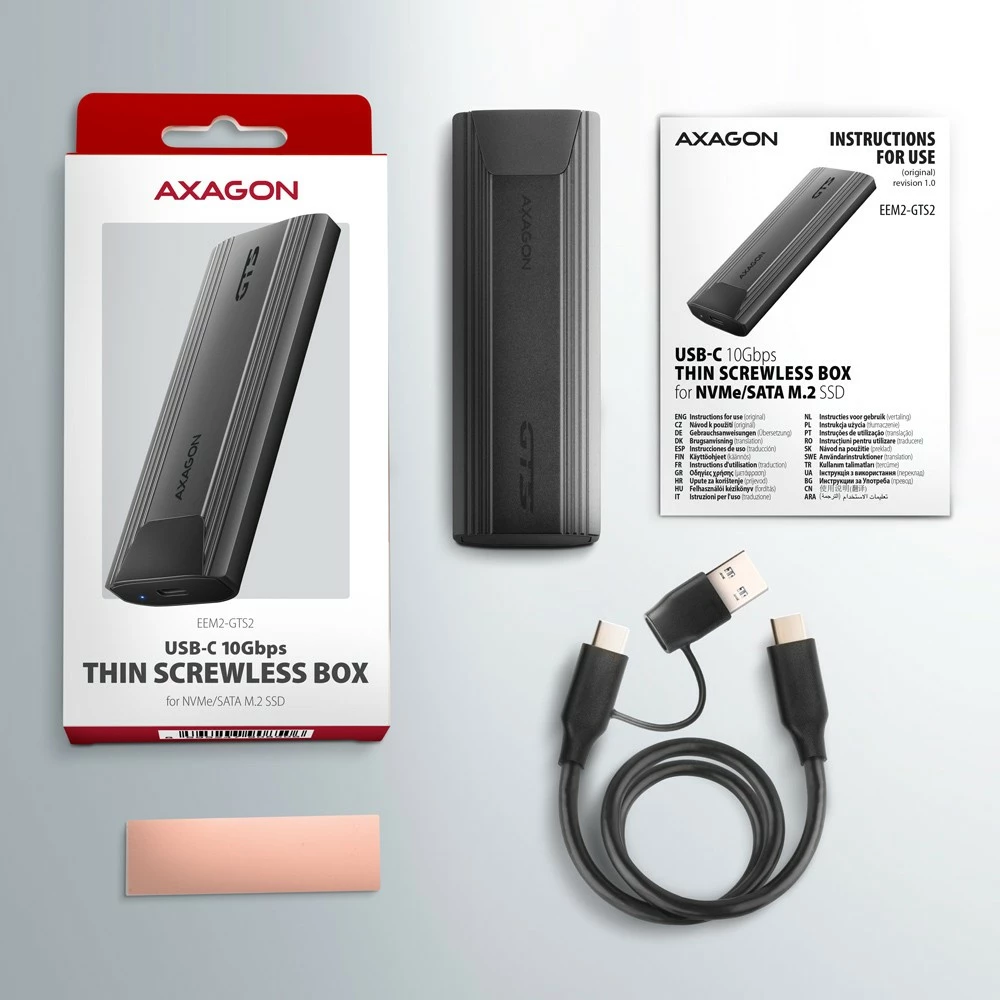 Kasë e jashtme AXAGON EEM2-GTS2 për SSD M.2 NVMe & SATA, USB-C 3.2 Gen 2, e zezë