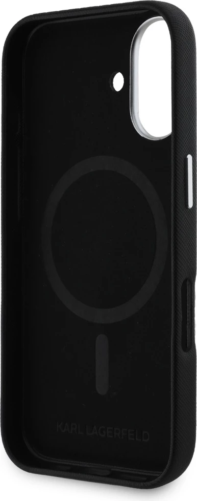 Mbështjellës Karl Lagerfeld Saffiano Full Wrapped Elongated Metal Logo MagSafe për iPhone 16, i zi
