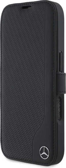 Mbështjellës Mercedes për iPhone 16, imitacion lëkure dhe druri, i zi