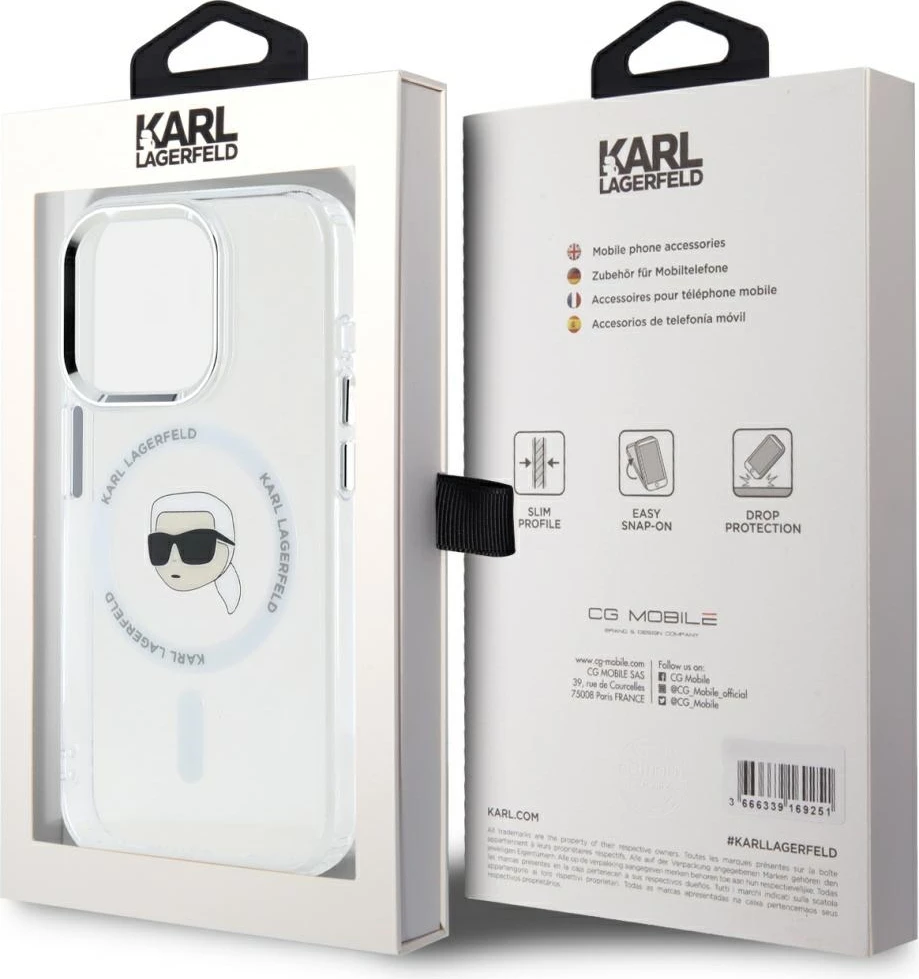 Mbështjellës Karl Lagerfeld IML Metal Karl Head MagSafe për iPhone 15 Pro Max, Bardhë