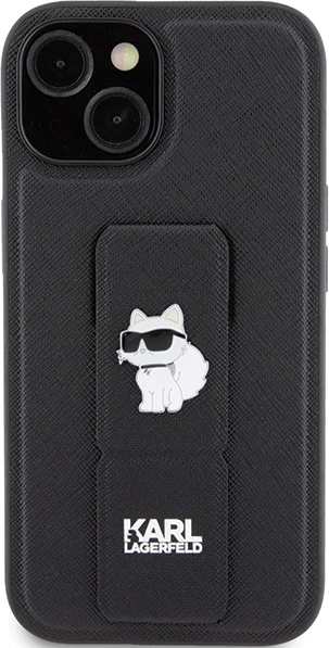 Mbështjellës Karl Lagerfeld Gripstand Saffiano Choupette Pins për iPhone 15 Plus / 14 Plus, i zi
