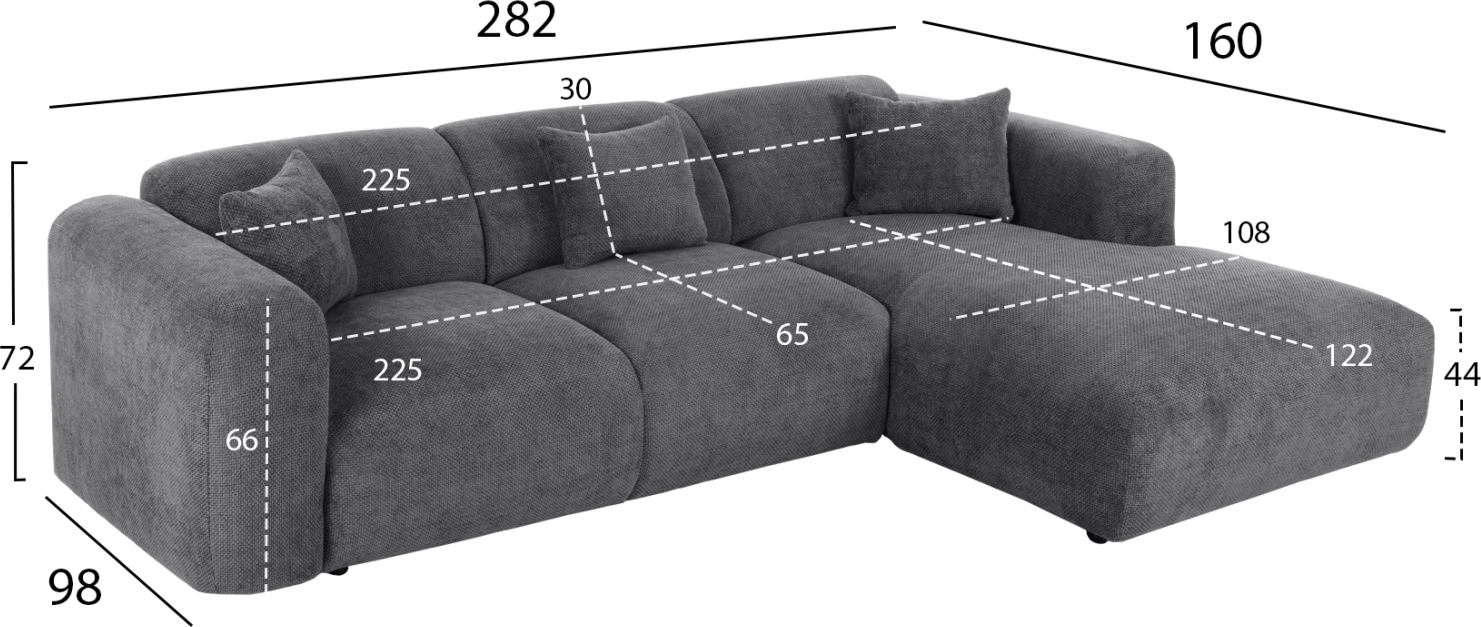 Divan qoshe BRICKEN FH3275.04R, pëlhurë antracit, 110-282x98-160x72H cm