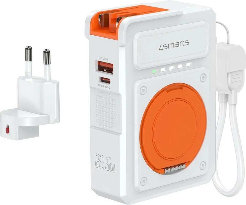 Karikues hibrid 6-në-1 4smarts KAT07417 me powerbank 10000mAh, 22.5W PD/QC, Qi, USB-C + USB-A, kabllo USB-C 12 cm, bardhë