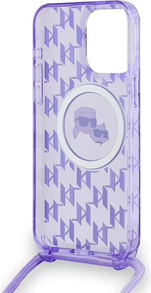 Mbështjellës Karl Lagerfeld IML Crossbody Monogram Karl & Choupette Head MagSafe për iPhone 15 Pro, vjollcë