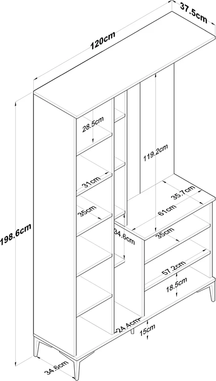 Mobilje hyrëse Zozmo, ngjyrë arre-bardhë, melaminë, 120x37.5x198.6cm