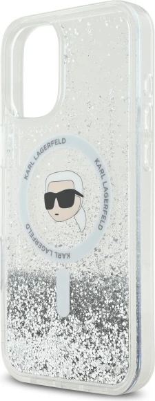 Mbështjellës Karl Lagerfeld Liquid Glitter Karl Head MagSafe për iPhone 16 Plus, Transparent