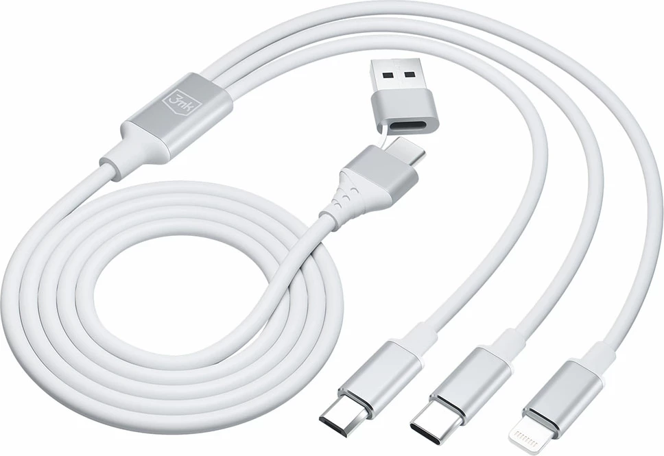 Kabllo 3in1 3mk Hyper Cable, 1.5m, USB-A në USB-C/Micro USB/Lightning, Bardhë