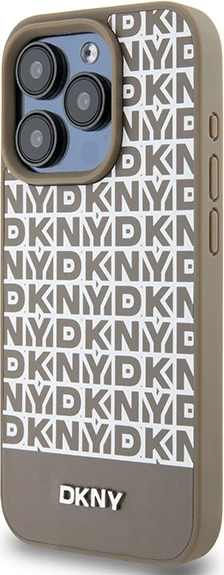 Mbështjellës DKNY Leather Printed Pattern Metal Logo MagSafe për iPhone 15 Pro Max, Kafe
