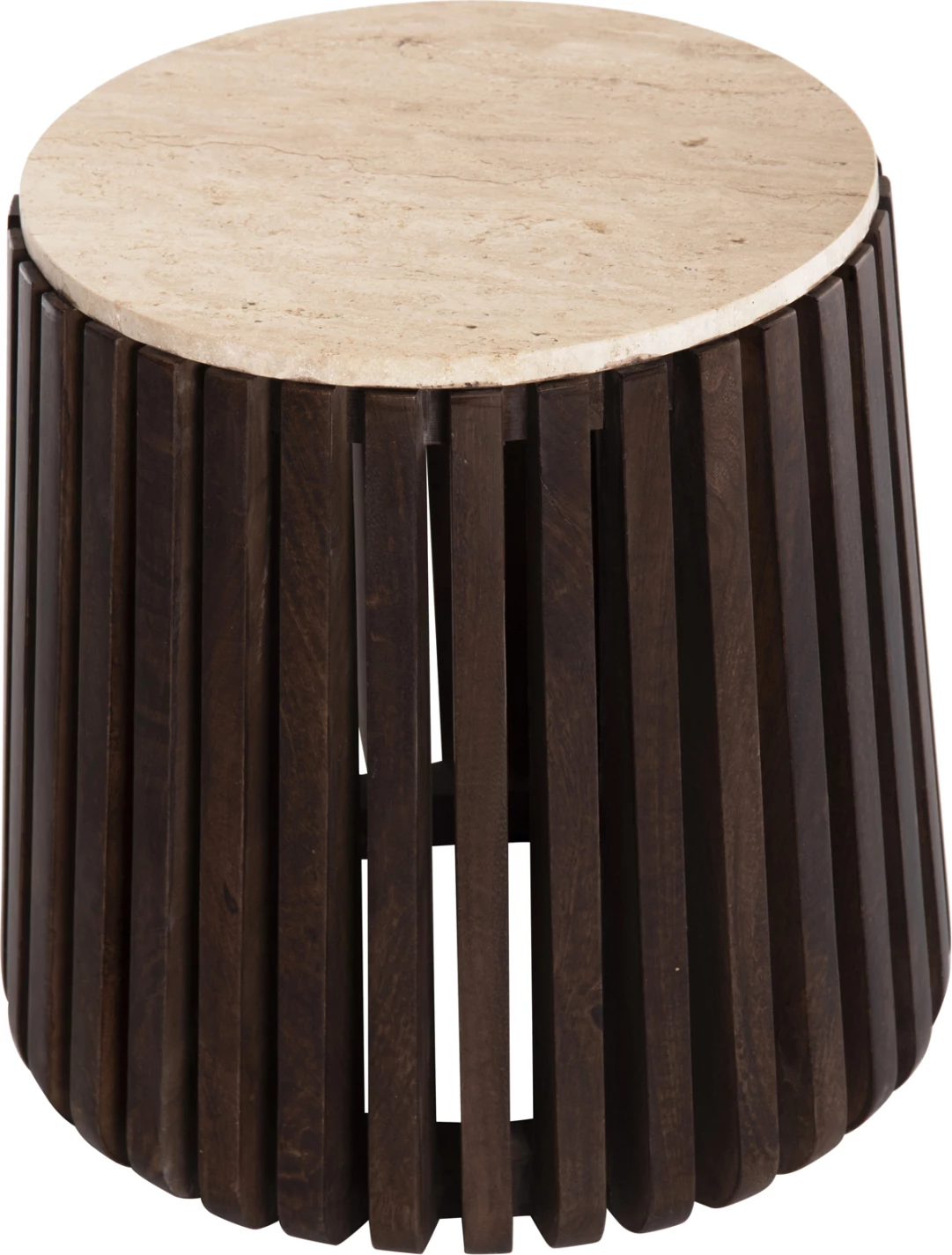 Tavolinë anësore KREST FH9711 dru akacie ngjyrë kafe e çelët-bardhë travertin Φ50x50Hcm