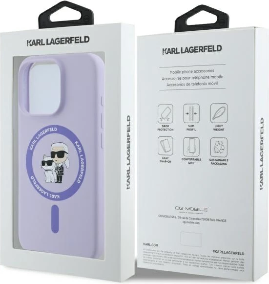 Mbështjellës Karl Lagerfeld Silicone Karl&Choupette Heads Ring MagSafe për iPhone 16 Pro, Violet