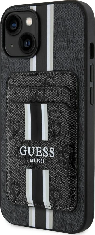 Mbështjellës Guess 4G Stripes me portofol MagSafe për iPhone 15, i zi