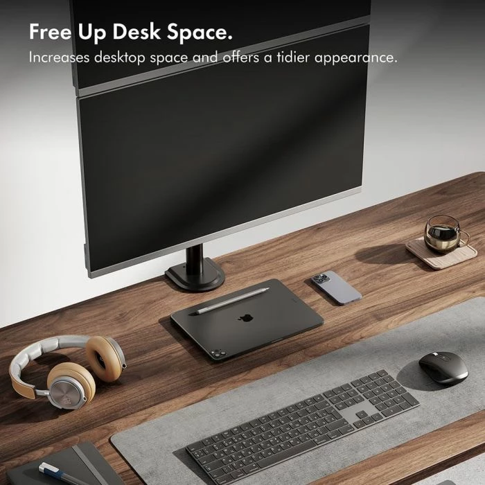 Mbajtëse monitori dual tavoline VONHAUS 3000112 për 2 ekrane 13-32", VESA 75x75-100x100, clamp/grommet, e zezë