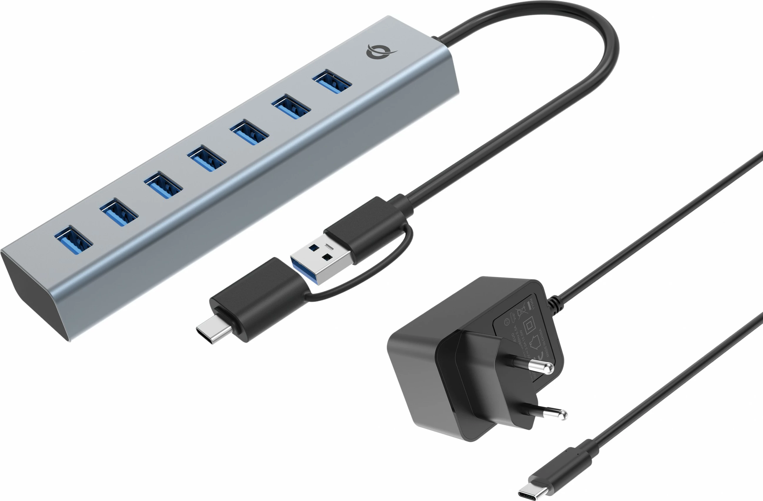 Hub USB 7-portësh Conceptronic, USB-A 3.0/USB-C, me adapter, gri
