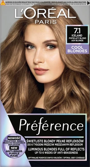 Ngjyrë për flokë L'Oreal Paris Preference Cool Blondes 7.1 Iceland për femra, 1 art