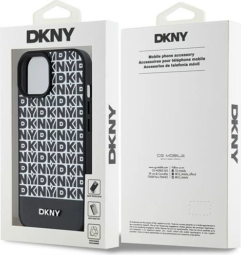 Mbështjellës DKNY Leather Printed Pattern Metal Logo MagSafe për iPhone 15/14/13, i zi