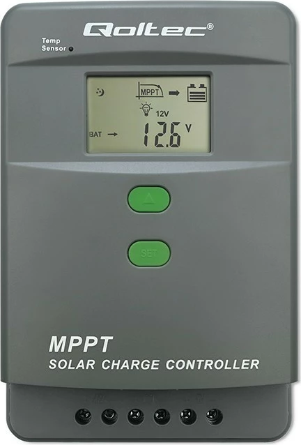 Kontroller karikimi diellor MPPT, Qoltec, 53664, 50A 12V/24V, LCD Bluetooth APP sensor temperature, kompatibil me GEL & LiFePO4, gri/jeshile